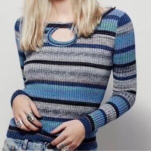 FREE PEOPLE Striped Blue and Gray Women's Sweater
